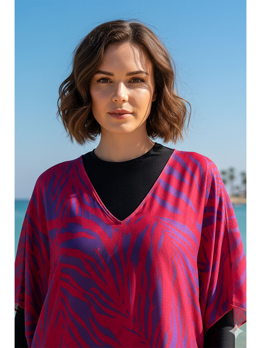 Kırmızı Remsa Tesettür Mayo Üzerine Tasarım Tek Kaftan Pareo RDP26 Narçiçeği-1