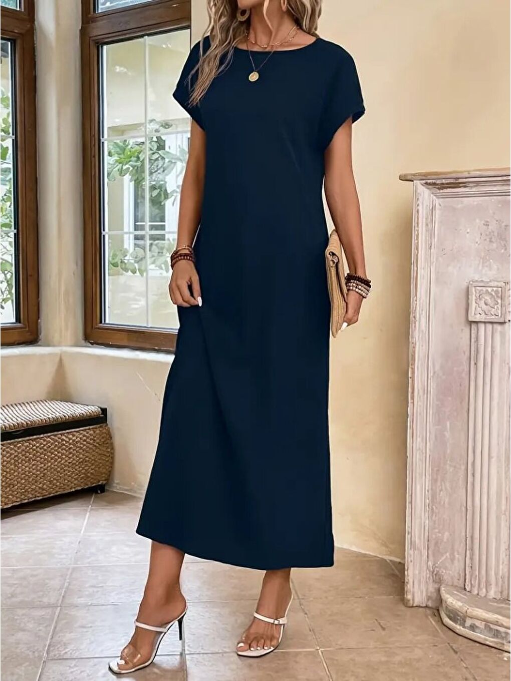 Lacivert Kadın Uzun Kollu Yakası Açık Viskon Elbise-4