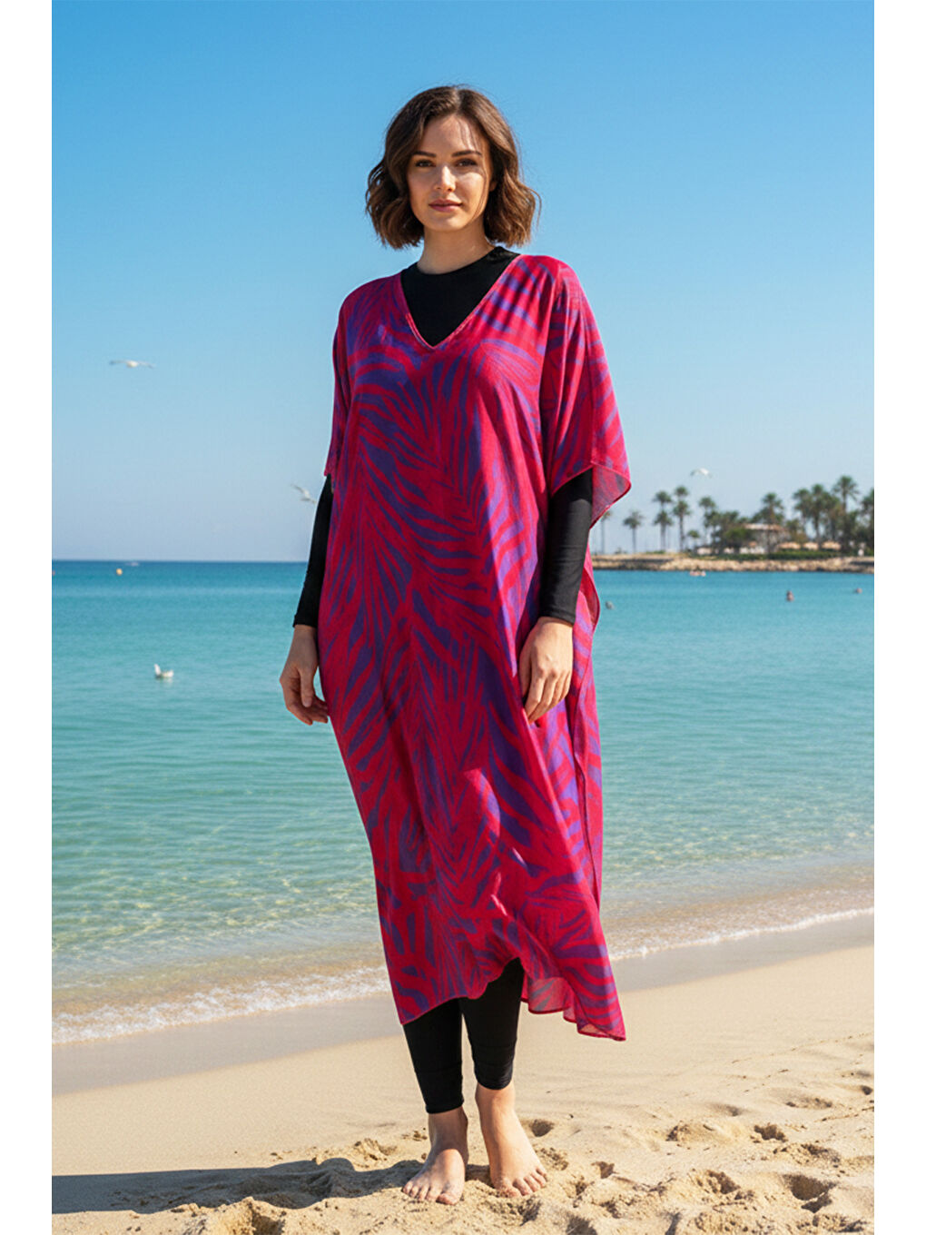 Kırmızı Remsa Tesettür Mayo Üzerine Tasarım Tek Kaftan Pareo RDP26 Narçiçeği-2