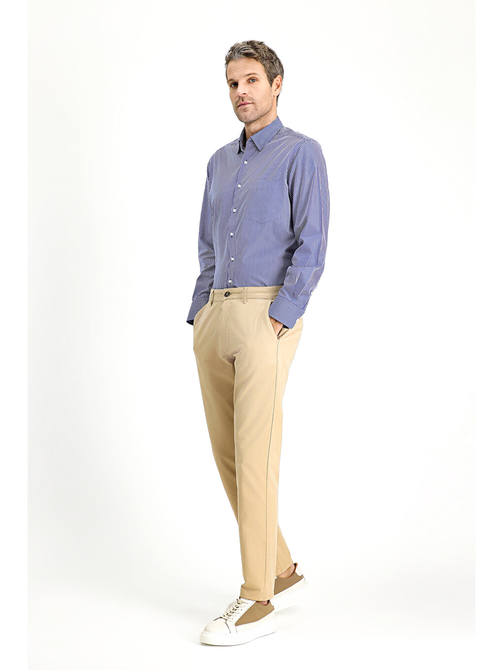 Bej Slim Fit Dar Kesim Elastanlı Kanvas /  Chino Pantolon-1