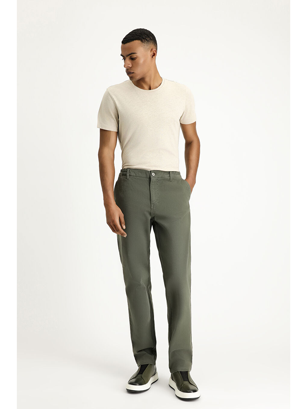 Haki Regular Fit Beli Lastikli Elastanlı Kanvas / Chino Pantolon