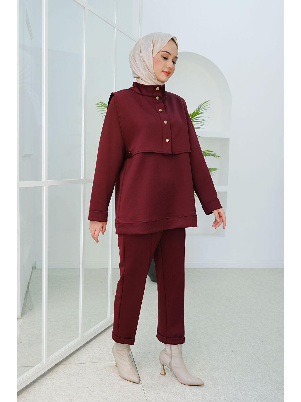 Locco Moda Yelek Detaylı Üçlü Takım Bordo - 2