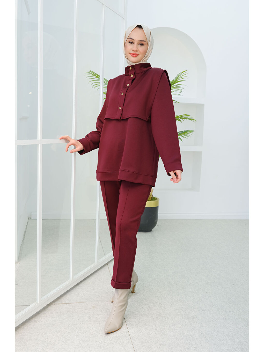 Locco Moda Yelek Detaylı Üçlü Takım Bordo - 3