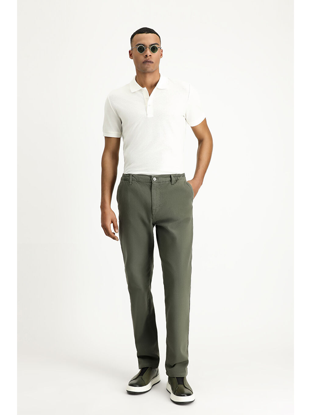 Haki Regular Fit Beli Lastikli Elastanlı Kanvas / Chino Pantolon-1