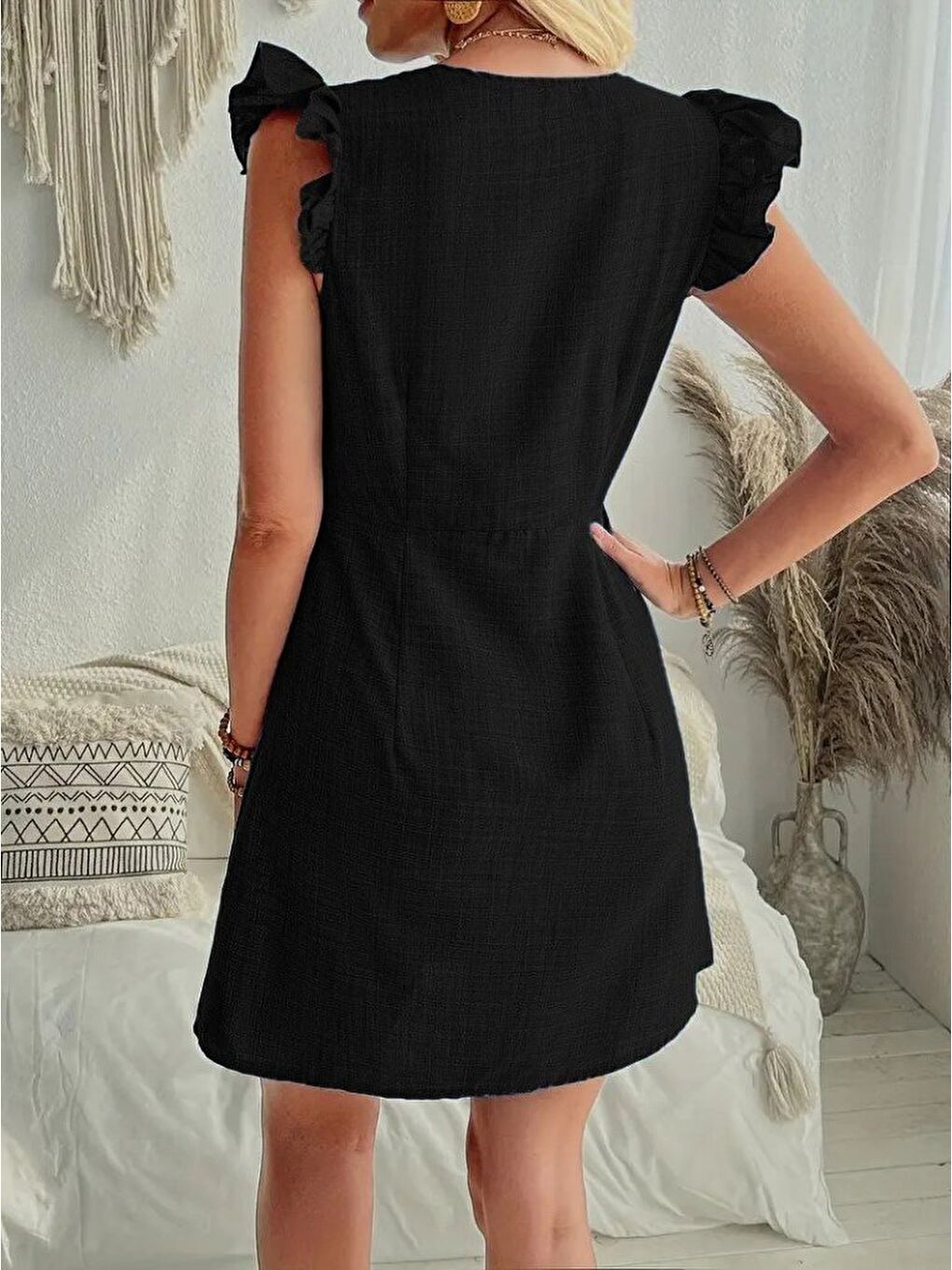 Mavi Kadın Fırfır Kollu V Yakalı Düğmeli Keten Elbise-3