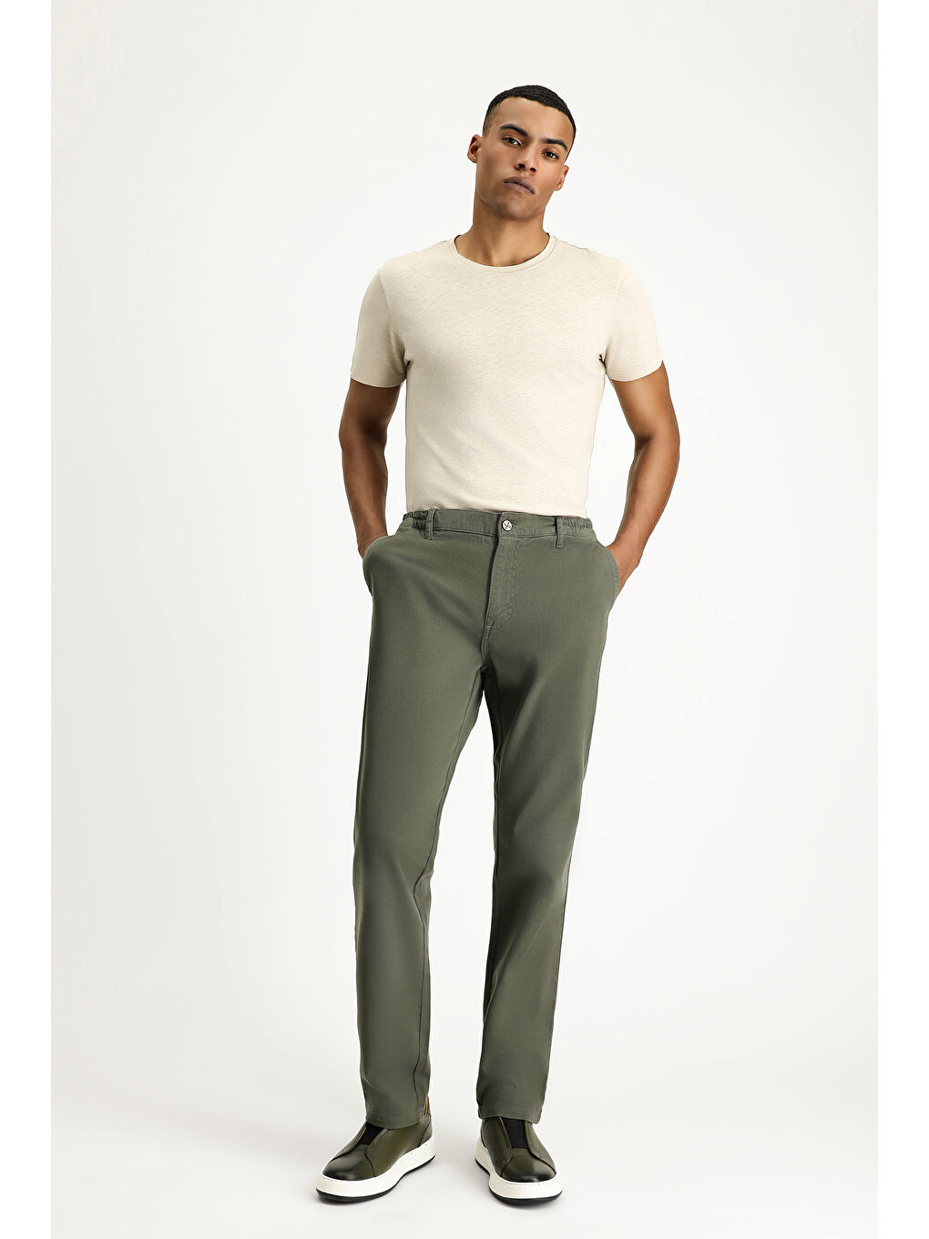 Haki Regular Fit Beli Lastikli Elastanlı Kanvas / Chino Pantolon-4