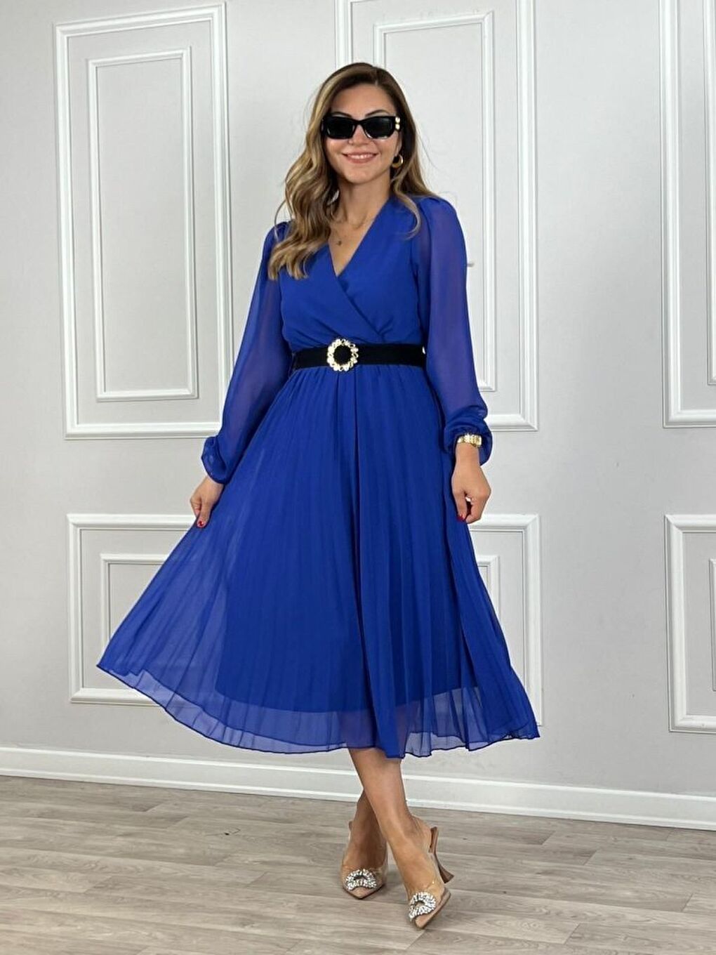 Mavi Kadın şifon Kumaş Astalı Kloş Kesim Kruvaze Yaka Midi Boy Elbise-1