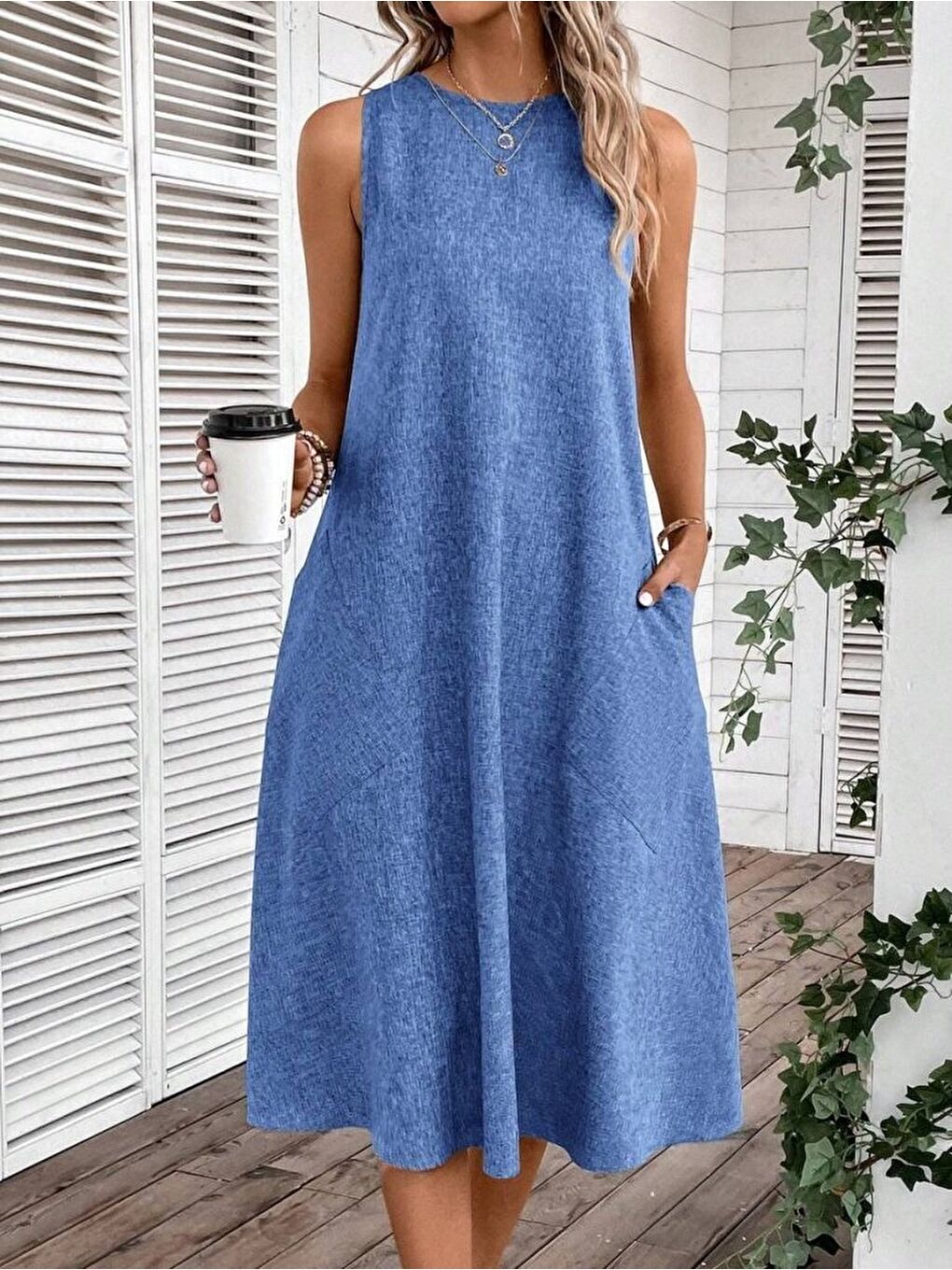 Mavi Kadın Kolsuz Bisiklet Yaka Cepli Midi Keten Elbise-2