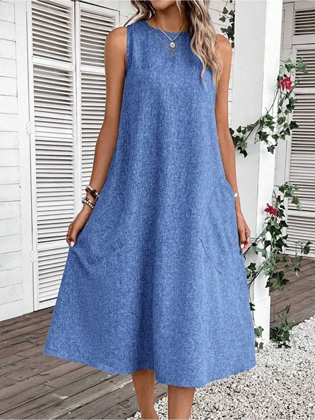 Mavi Kadın Kolsuz Bisiklet Yaka Cepli Midi Keten Elbise-4