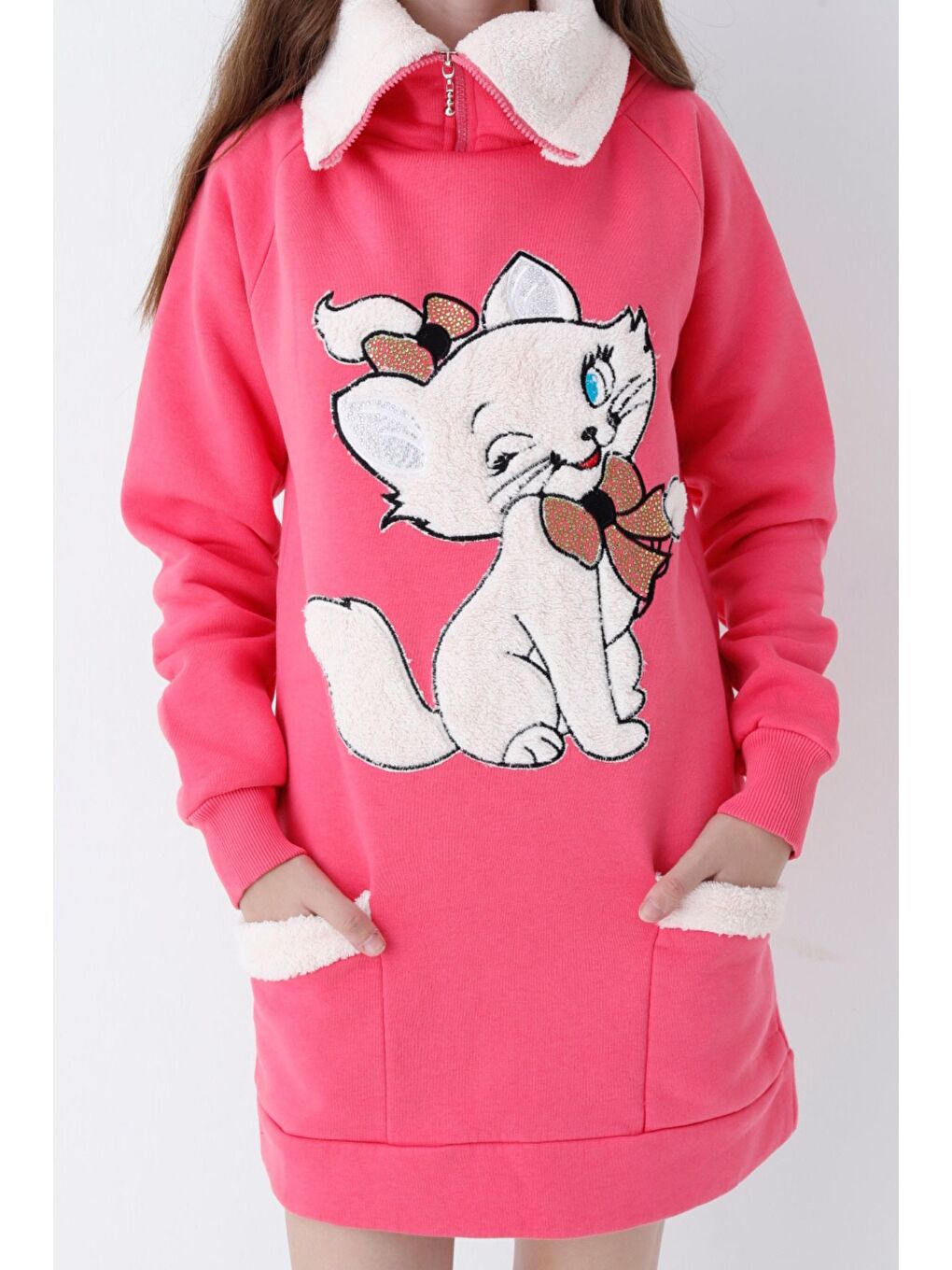 Pembe Genç Kız Kırmızı Kedi Baskılı Fermuarlı Kapüşonlu Pamuklu Sweatshirt