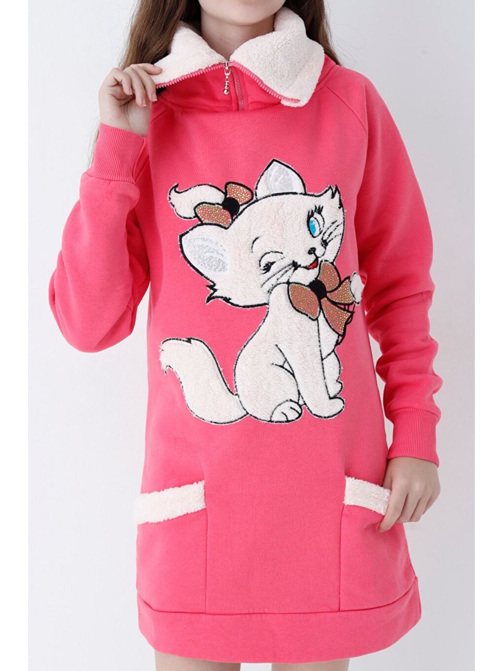 Pembe Genç Kız Kırmızı Kedi Baskılı Fermuarlı Kapüşonlu Pamuklu Sweatshirt-1