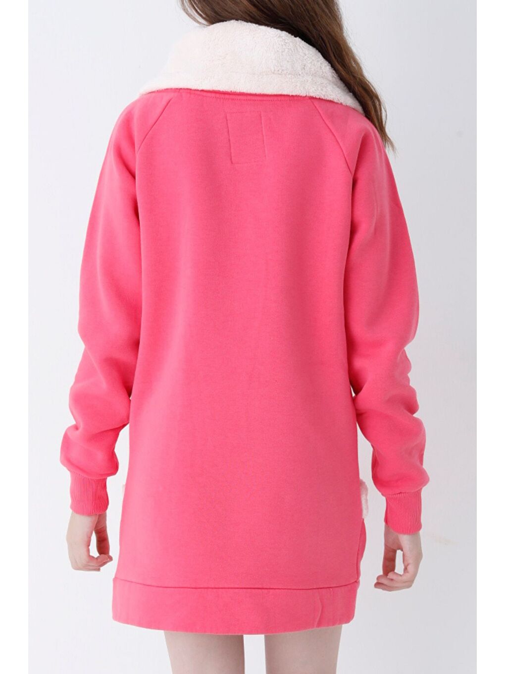 Pembe Genç Kız Kırmızı Kedi Baskılı Fermuarlı Kapüşonlu Pamuklu Sweatshirt-2