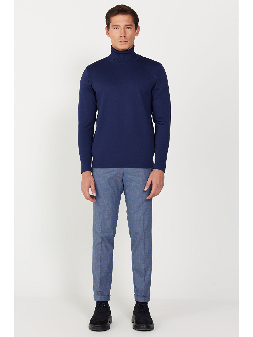 Erkek Lacivert Standart Fit Normal Kesim Tam Balıkçı Yaka Yumuşak Dokulu Basic Triko Kazak-2