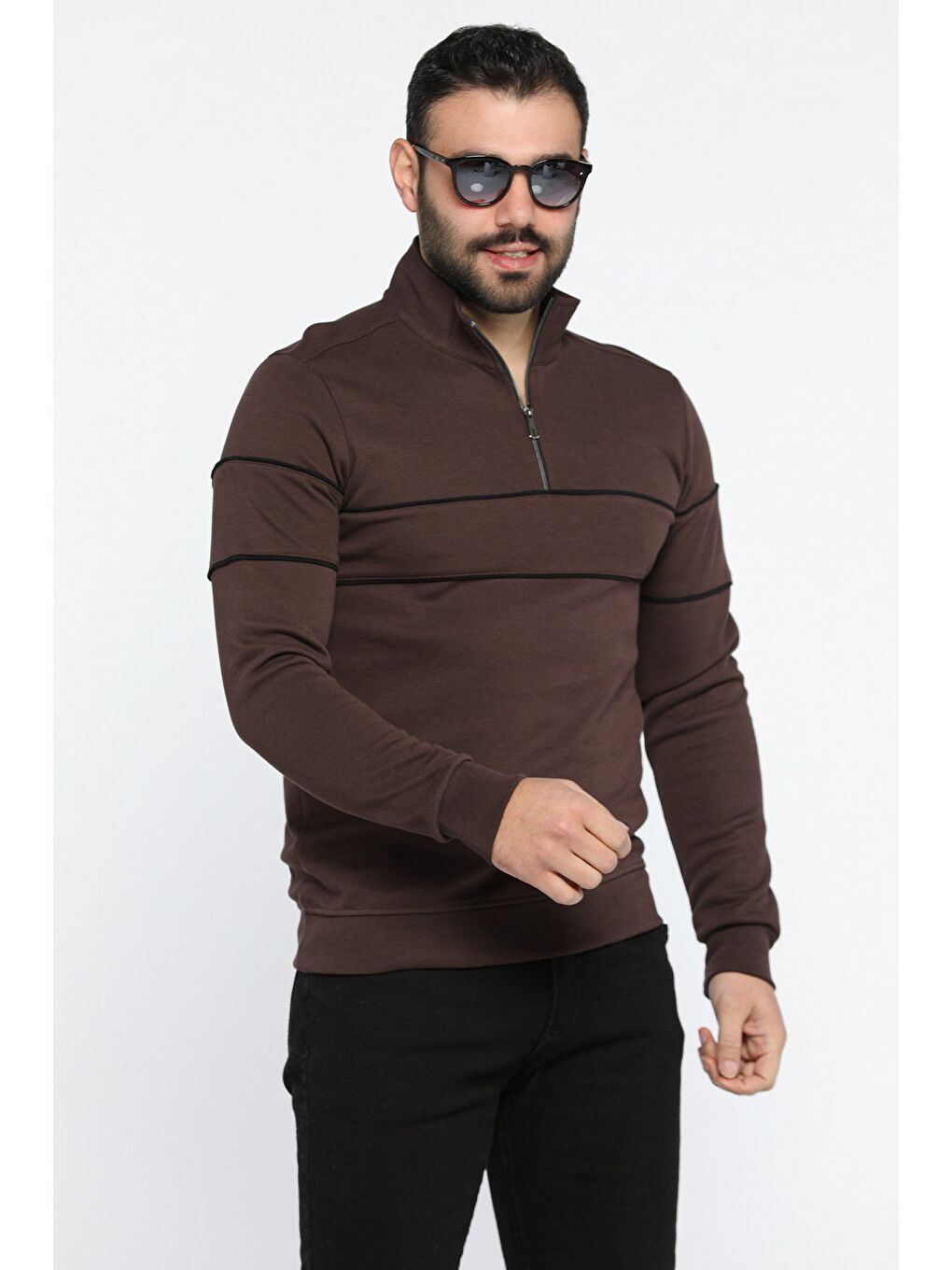 Mishar İtalia Kahverengi Erkek Dik Yaka Yarım Fermuarlı Sweatshirt - 1