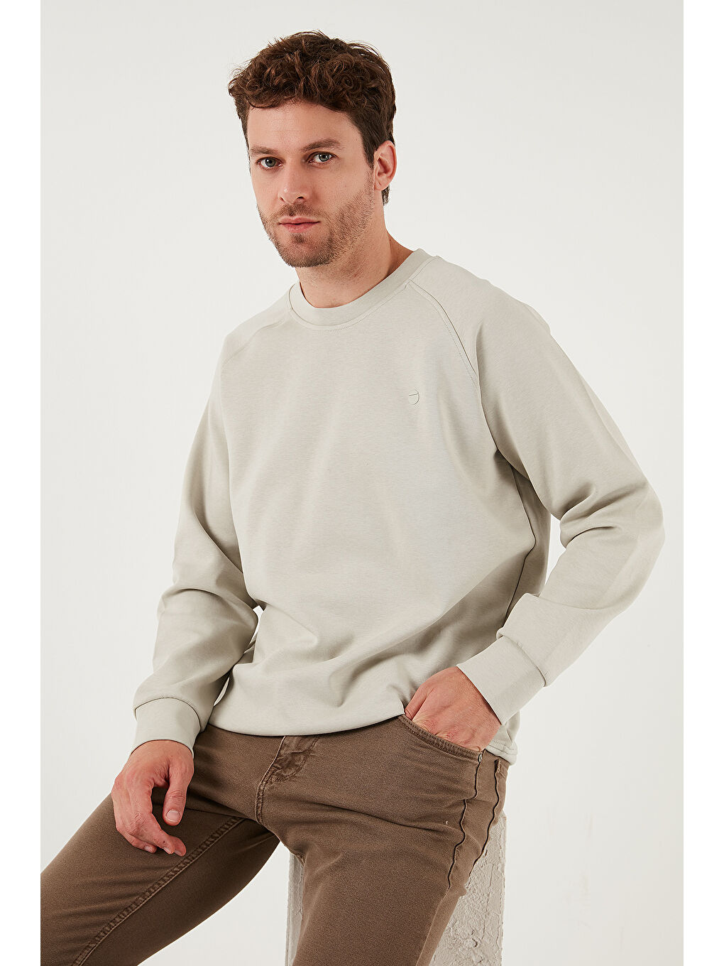 Bej Streç Pamuklu Relaxed Fit Bisiklet Yaka Sweat 5901210