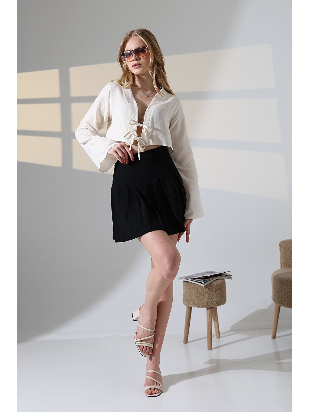 Çift Bağlama Detay Müslin Bluz Ekru