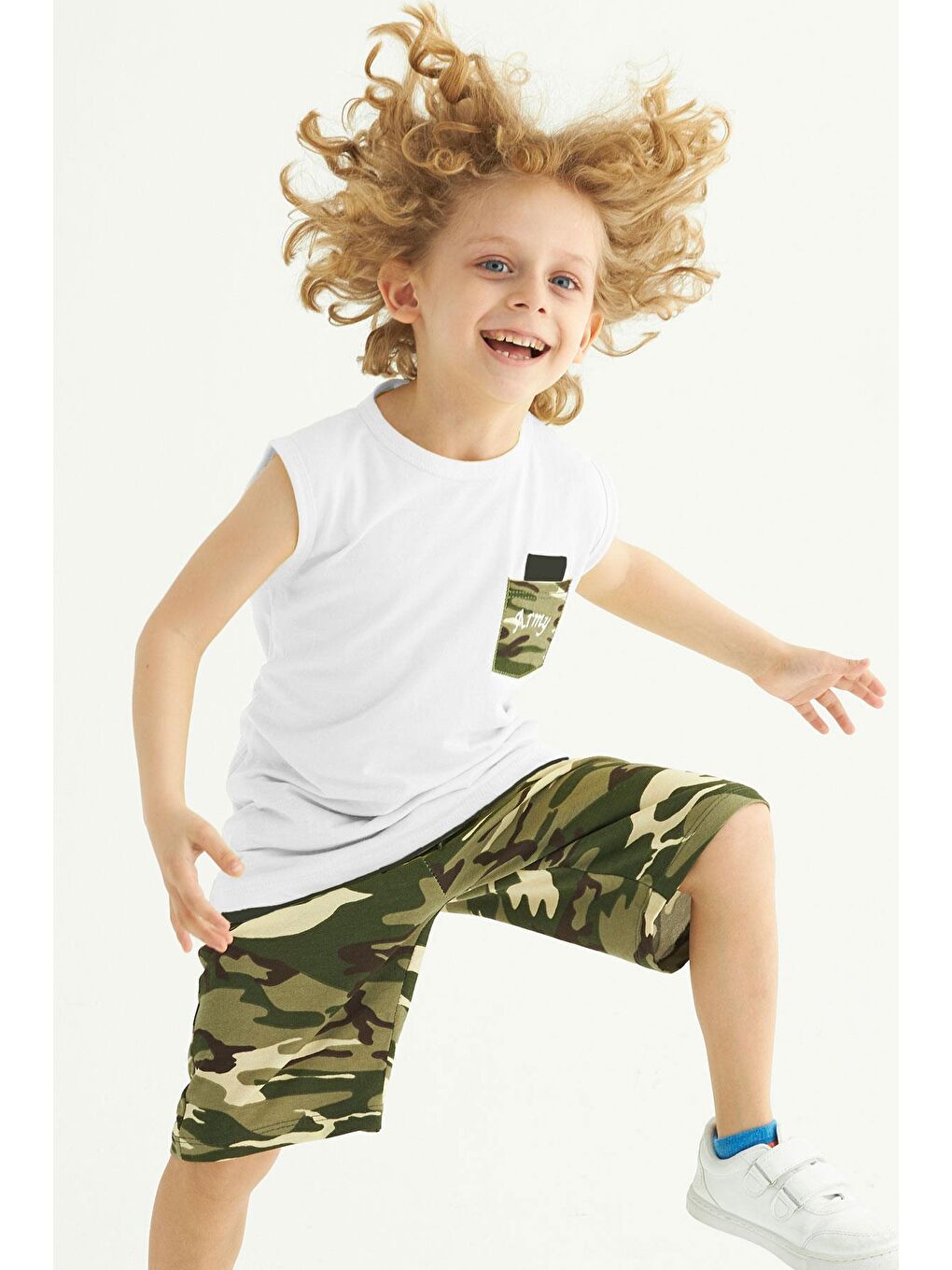 Bisiklet Yaka Sıfır Kol Kamuflaj Baskılı Cepli Ekru Renk Erkek Çocuk Kaprili Takım-1