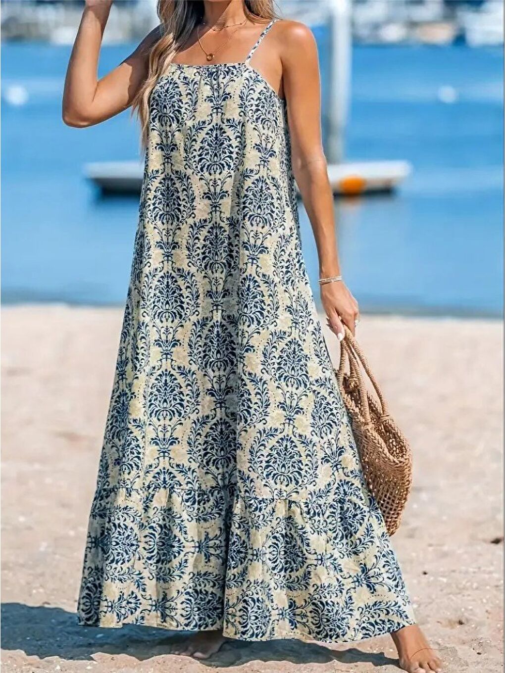 Mavi Kadın Ip Askılı Desenli Fırfırlı Süprem Elbise-1