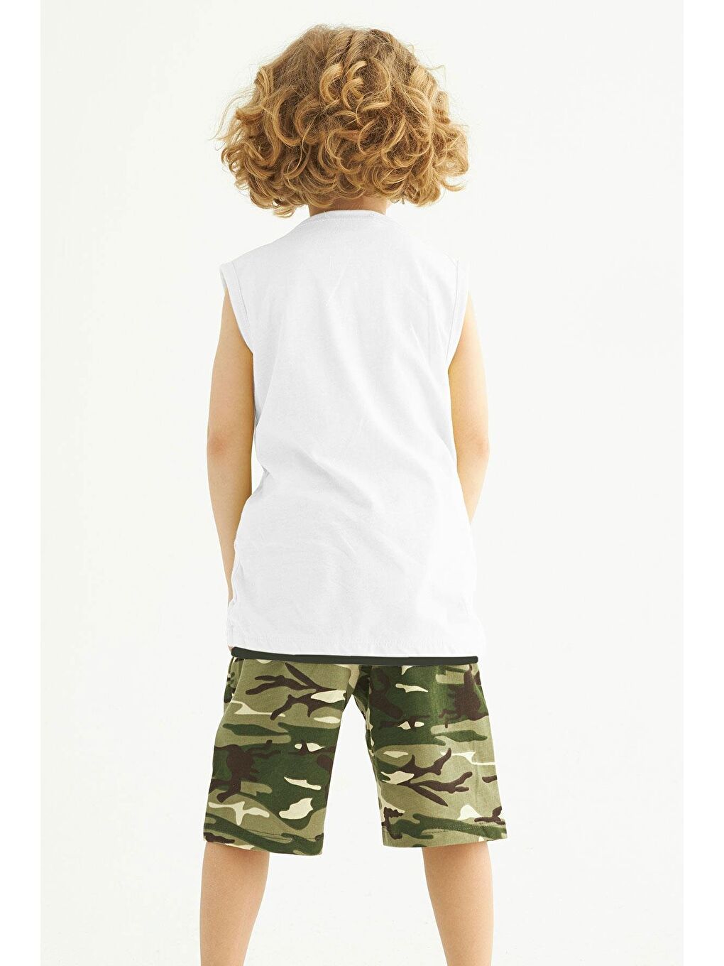 Bisiklet Yaka Sıfır Kol Kamuflaj Baskılı Cepli Ekru Renk Erkek Çocuk Kaprili Takım-2