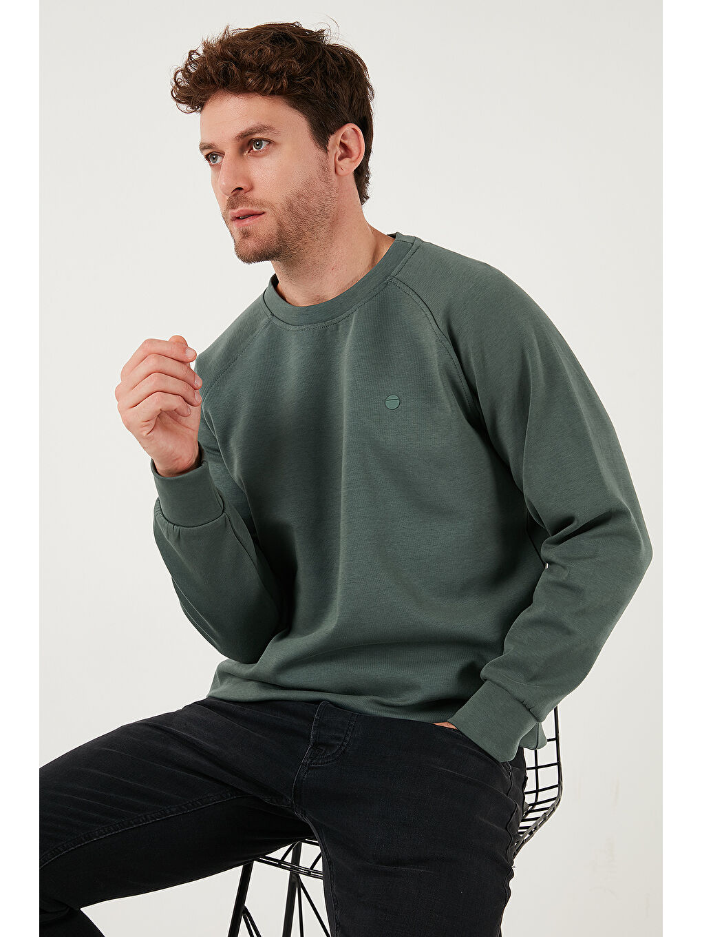 Haki Streç Pamuklu Relaxed Fit Bisiklet Yaka Sweat 5901210