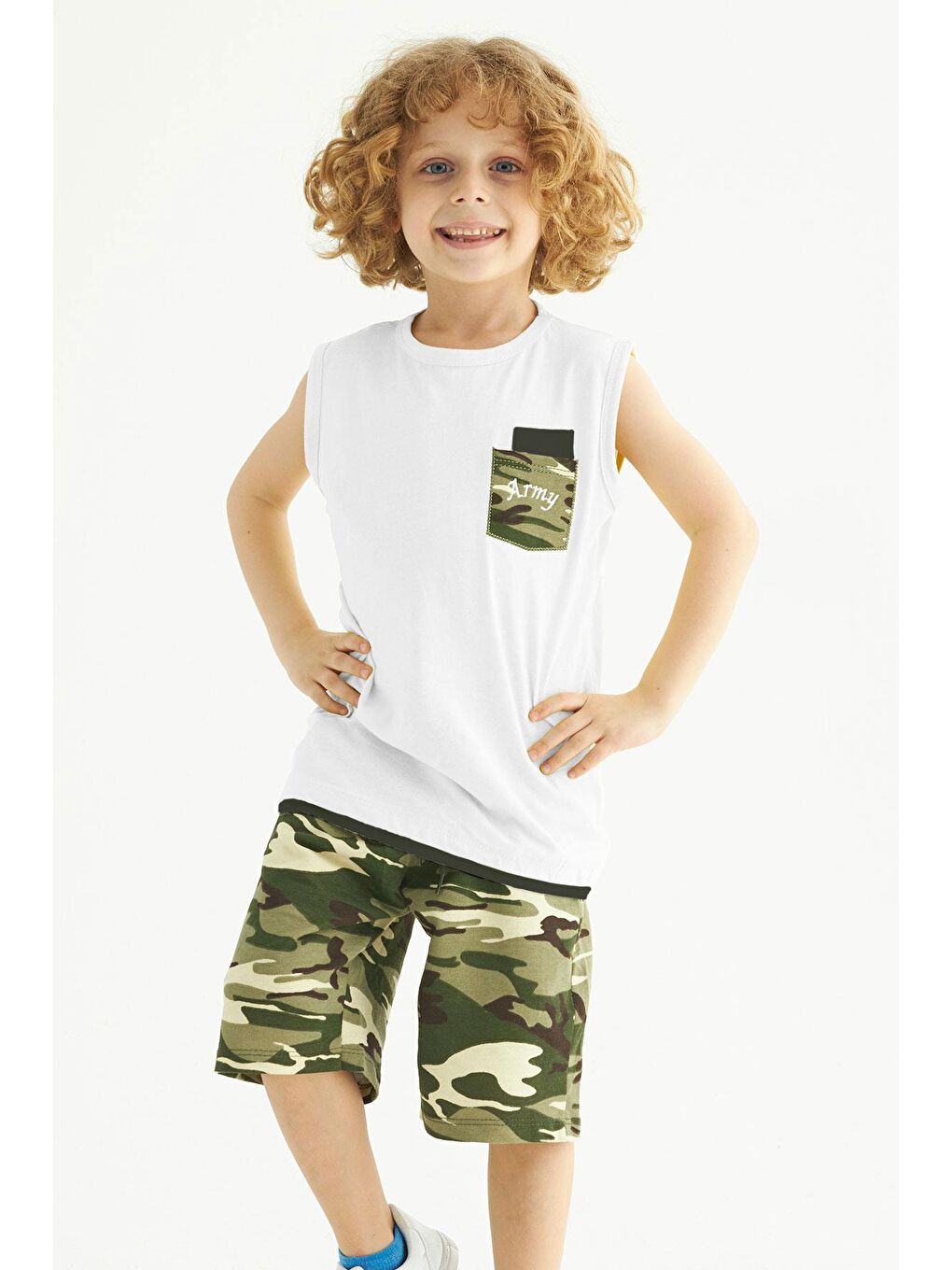 Bisiklet Yaka Sıfır Kol Kamuflaj Baskılı Cepli Ekru Renk Erkek Çocuk Kaprili Takım-3