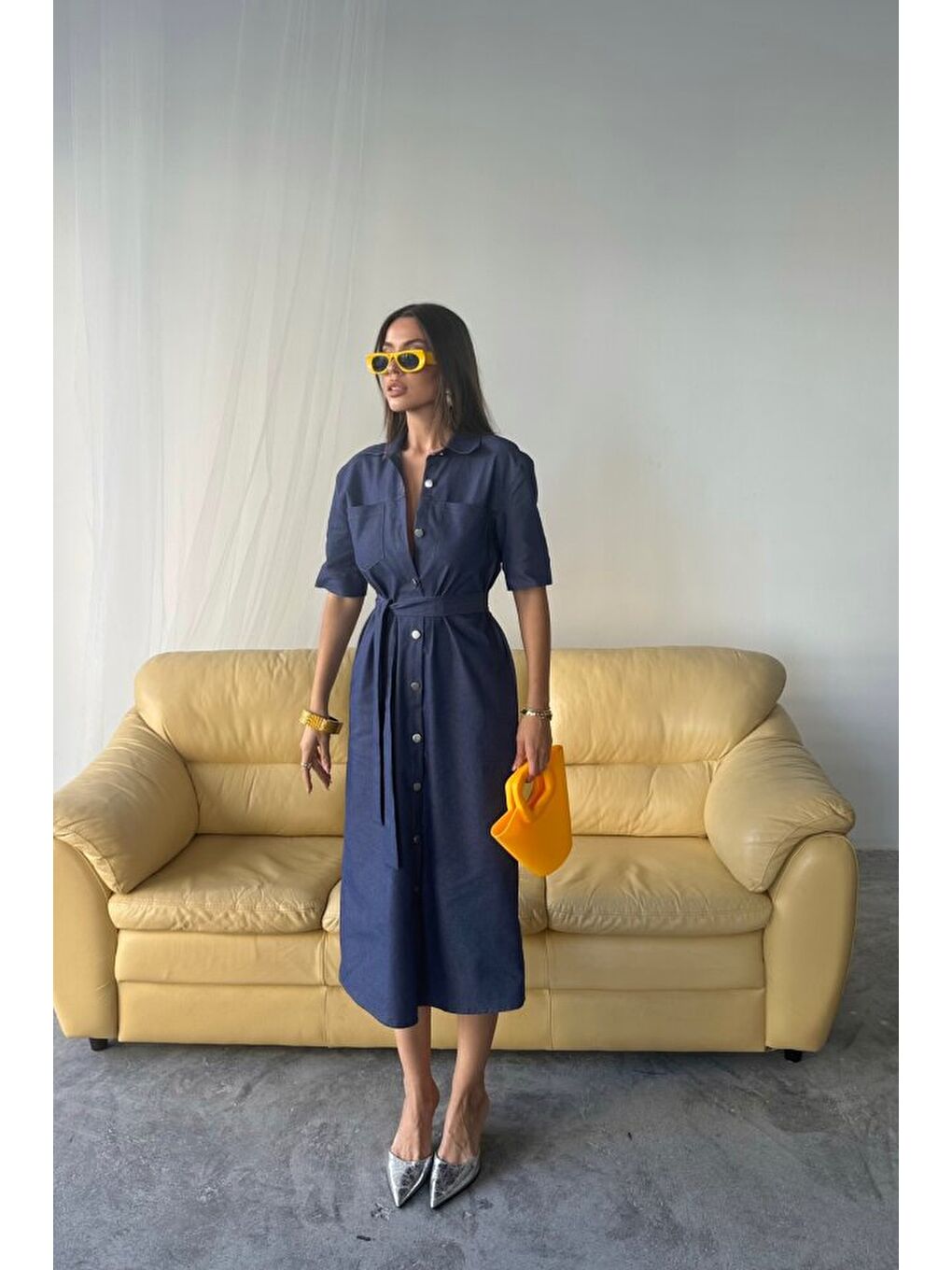 Lyocell ÖNDEN DÜĞMELİ KISA KOL ELBİSE - Mavi