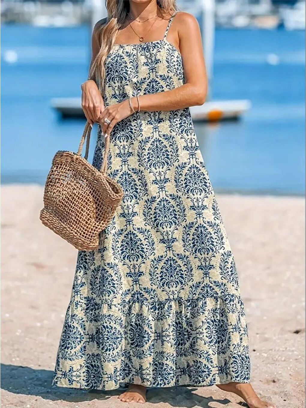 Mavi Kadın Ip Askılı Desenli Fırfırlı Süprem Elbise-2