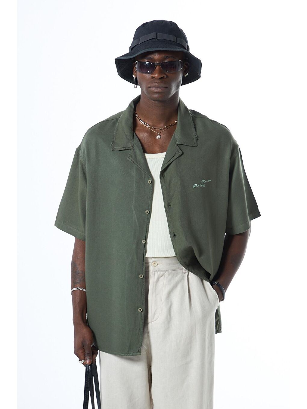 Yıkamalı Oversize Arka Baskılı Kısa Kol Cepsiz Gömlek Haki-3