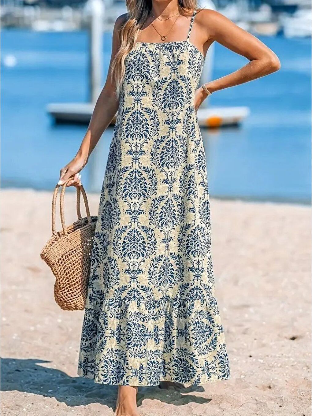 Mavi Kadın Ip Askılı Desenli Fırfırlı Süprem Elbise-3