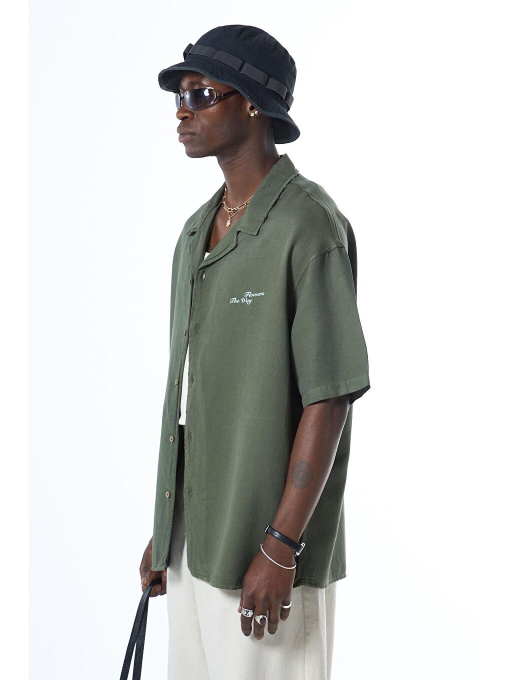 Yıkamalı Oversize Arka Baskılı Kısa Kol Cepsiz Gömlek Haki-7