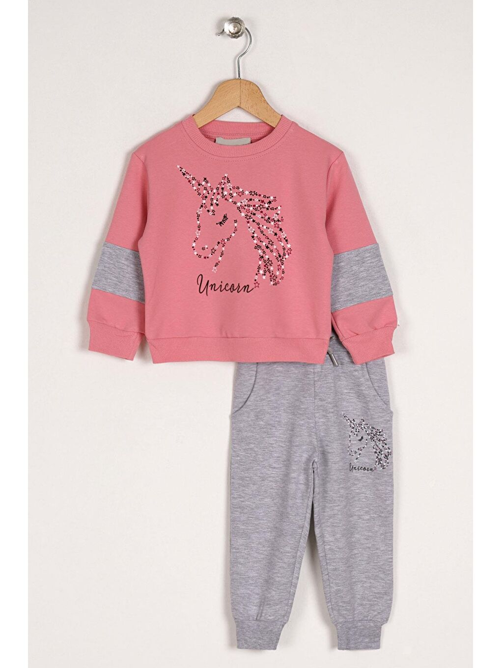 Pembe Bisiklet Yaka Uzun Kol Baskılı Kız Çocuk İkili Takım
