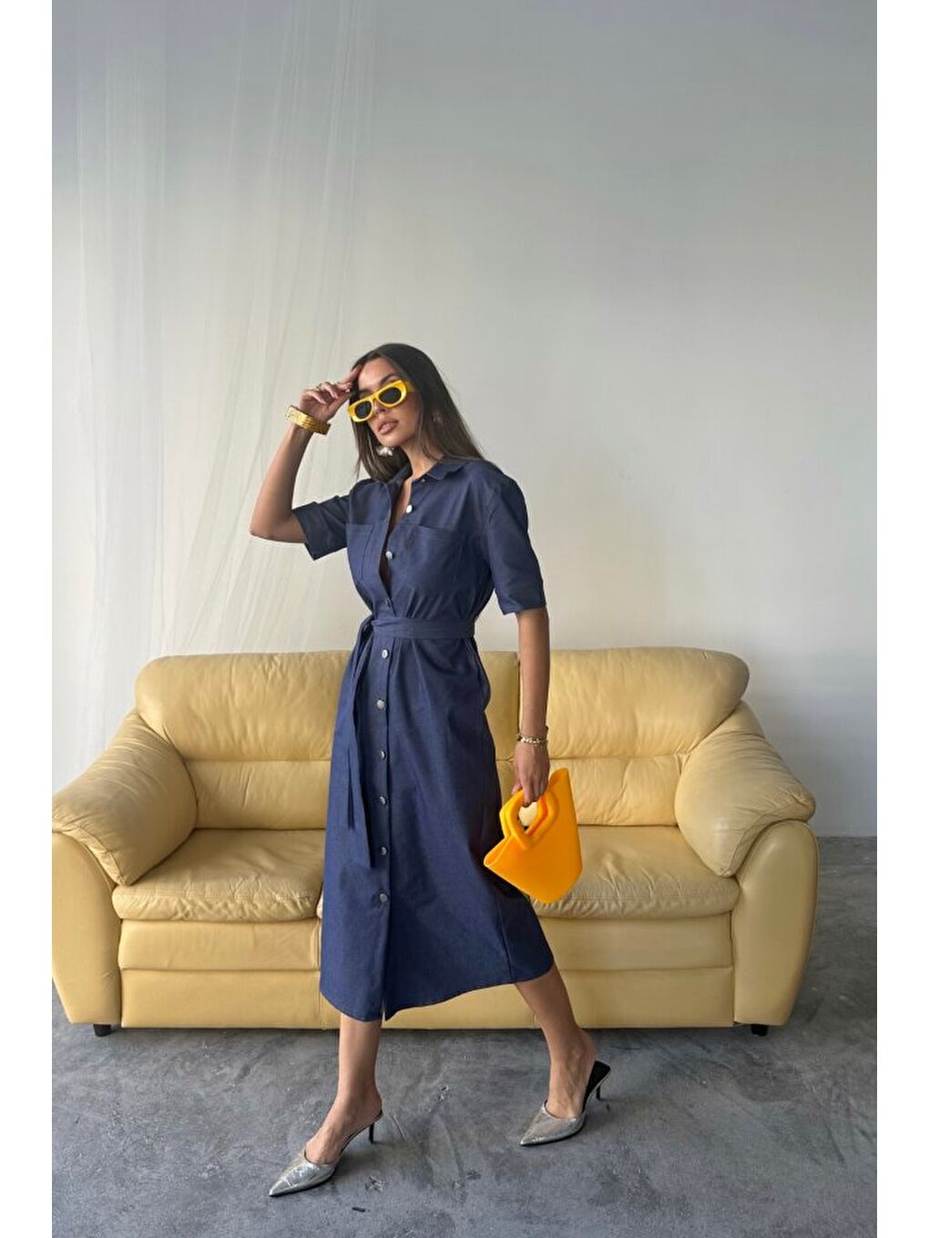 Lyocell ÖNDEN DÜĞMELİ KISA KOL ELBİSE - Mavi-1