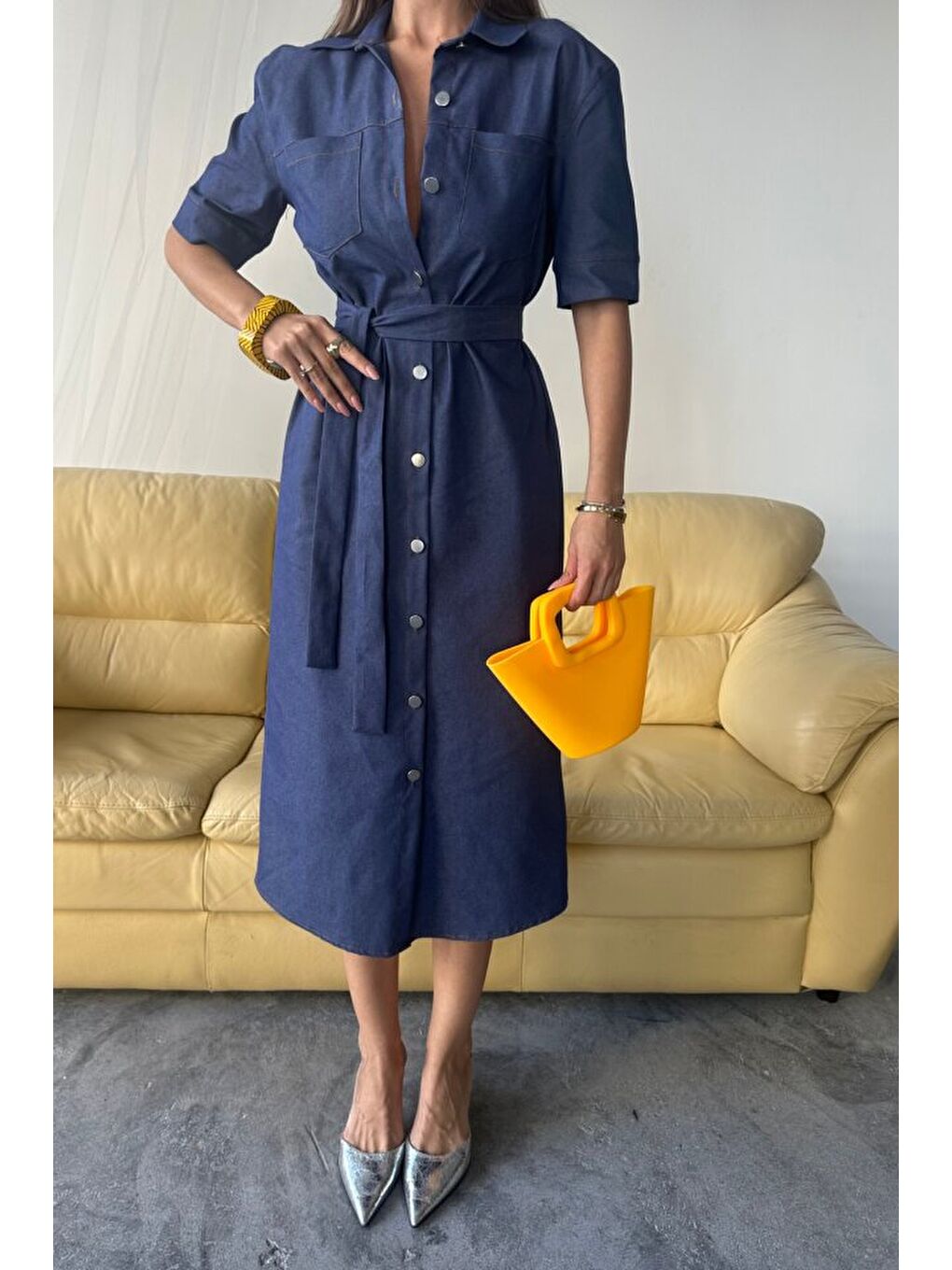 Lyocell ÖNDEN DÜĞMELİ KISA KOL ELBİSE - Mavi-2