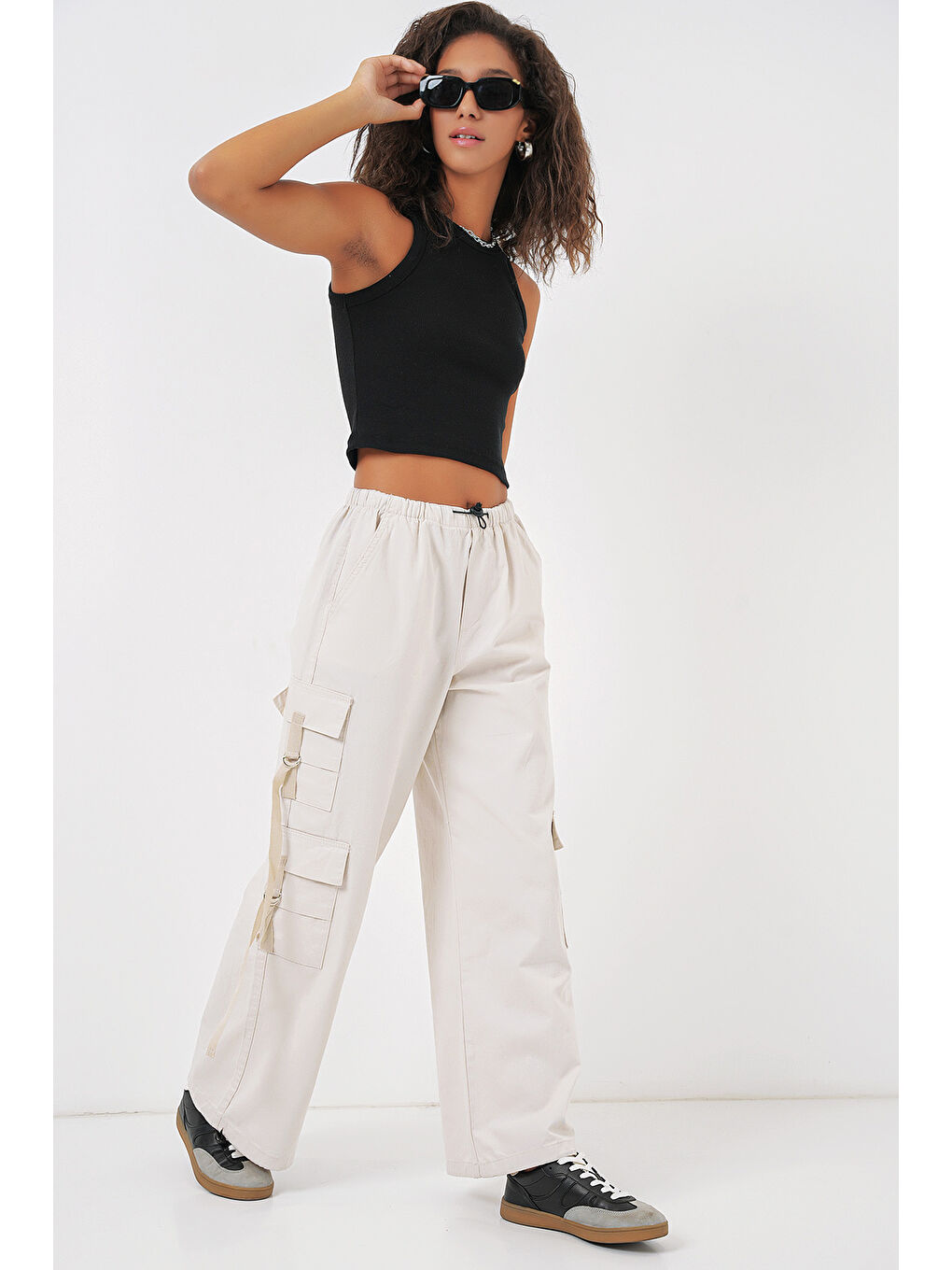 6691 Geniş Paça Kargo Pantolon - Ekru