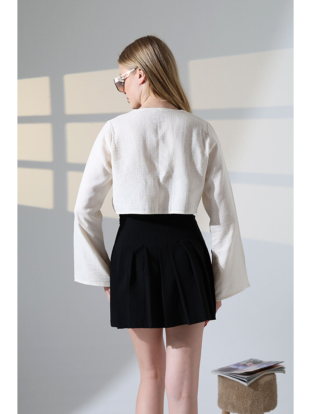 Çift Bağlama Detay Müslin Bluz Ekru-3