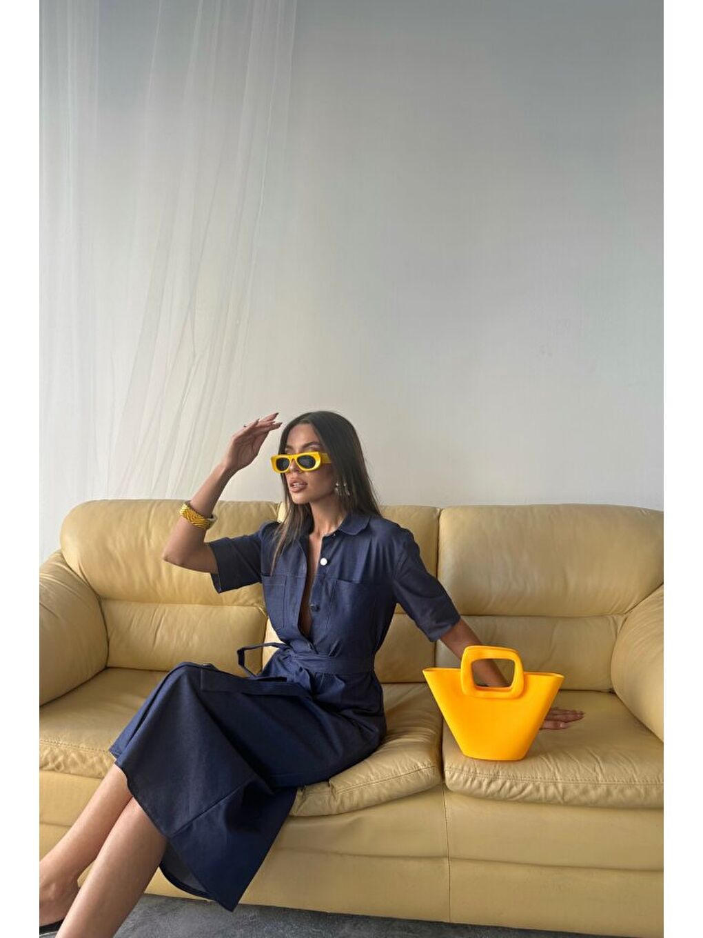 Lyocell ÖNDEN DÜĞMELİ KISA KOL ELBİSE - Mavi-3