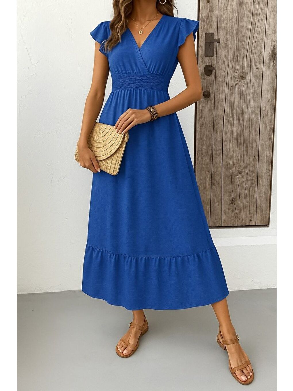 Mavi Kadın Kısa Kelebek Kollu Kruvaze Yakalı Beli Lastikli Aerobin Elbise