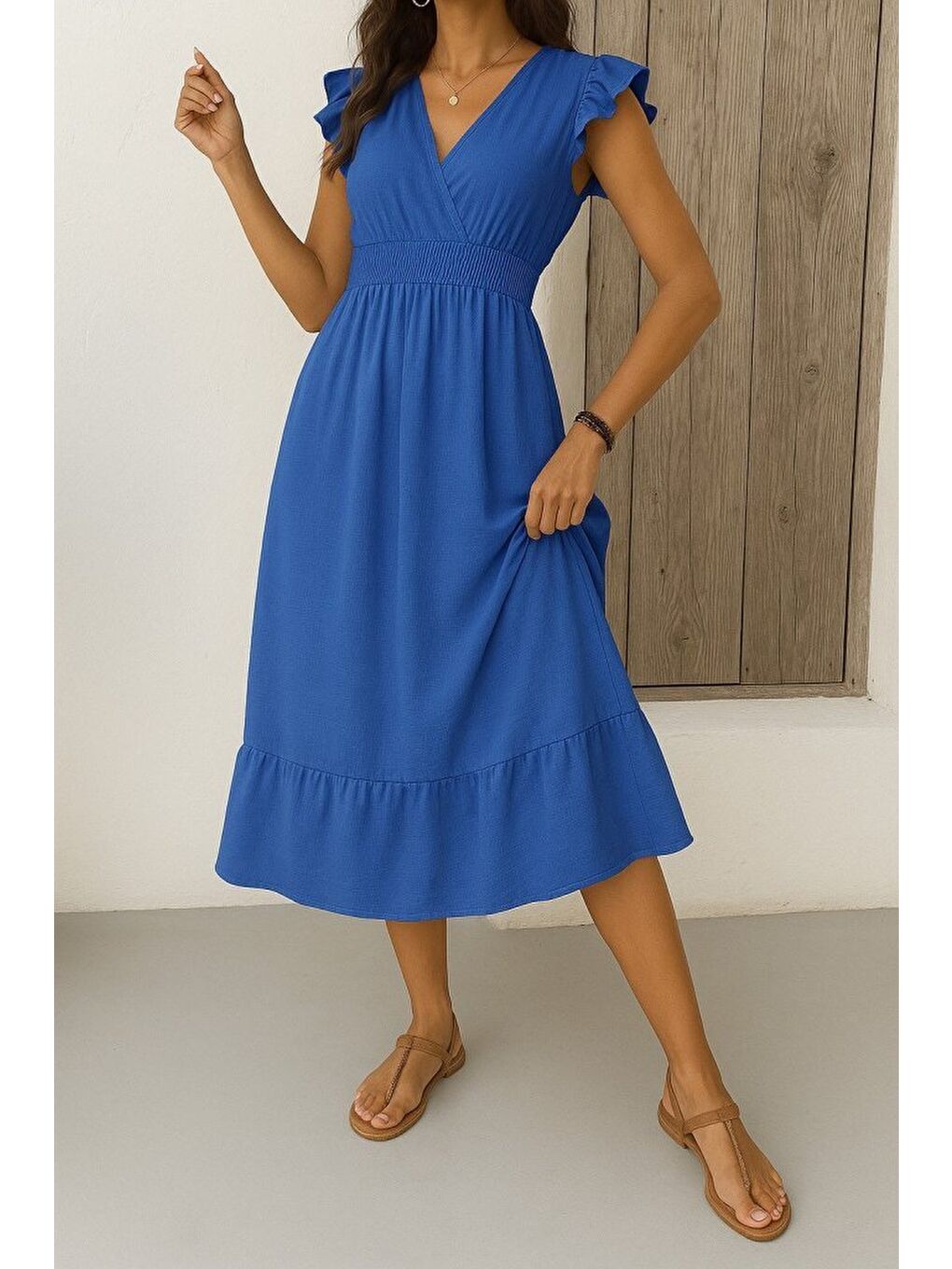 Mavi Kadın Kısa Kelebek Kollu Kruvaze Yakalı Beli Lastikli Aerobin Elbise-2