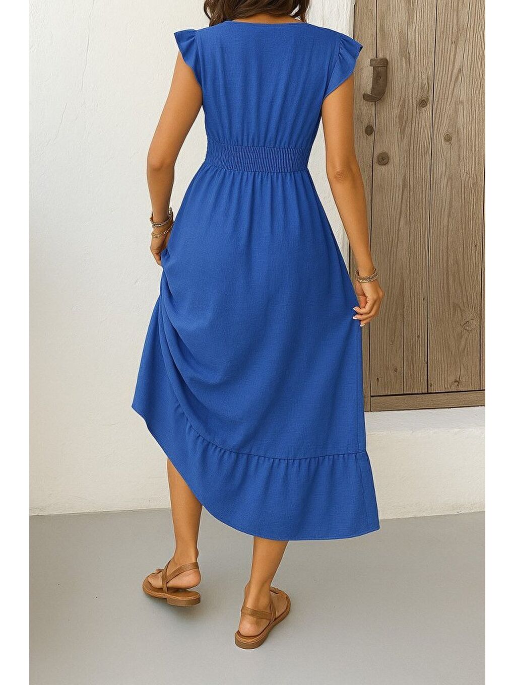 Mavi Kadın Kısa Kelebek Kollu Kruvaze Yakalı Beli Lastikli Aerobin Elbise-3