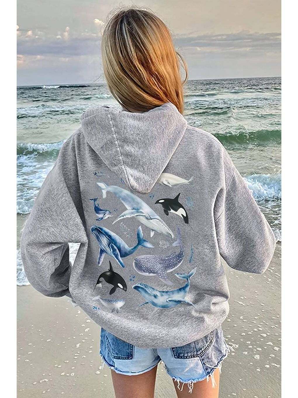 uyguntarz Gri Whales Baskılı Oversize Sweatshirt