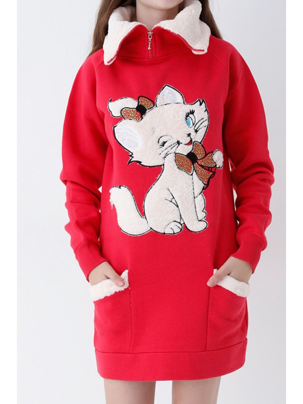 Genç Kız Kırmızı Kedi Baskılı Fermuarlı Kapüşonlu Pamuklu Sweatshirt
