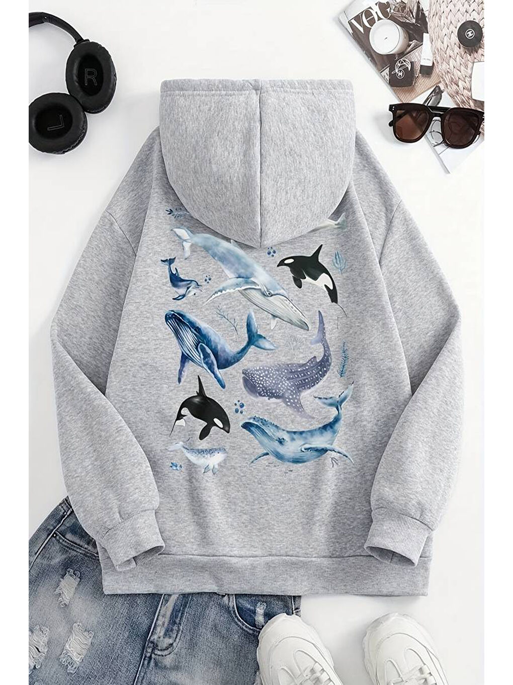 uyguntarz Gri Whales Baskılı Oversize Sweatshirt - 1