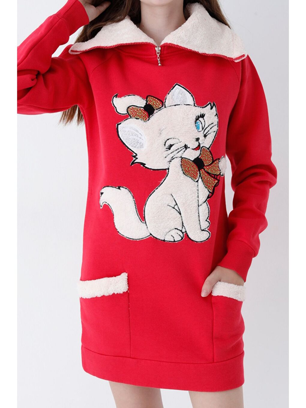 Genç Kız Kırmızı Kedi Baskılı Fermuarlı Kapüşonlu Pamuklu Sweatshirt-1