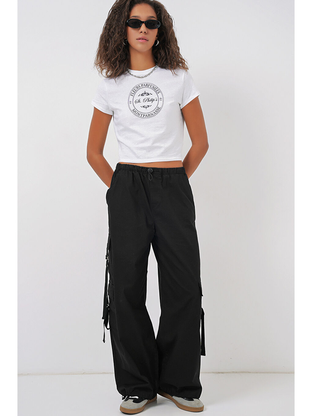 6691 Geniş Paça Kargo Pantolon - Siyah-1