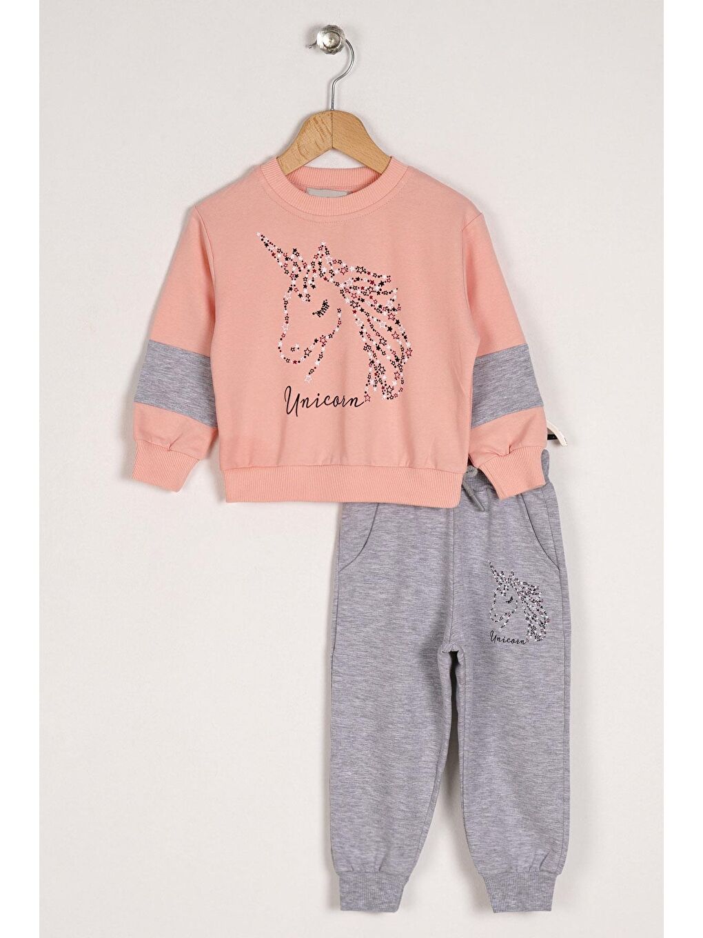 Pembe Bisiklet Yaka Uzun Kol Baskılı Kız Çocuk İkili Takım