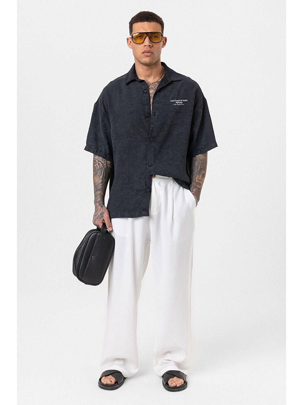 Yıkamalı Oversize Kısa Kol Baskılı Gömlek Siyah