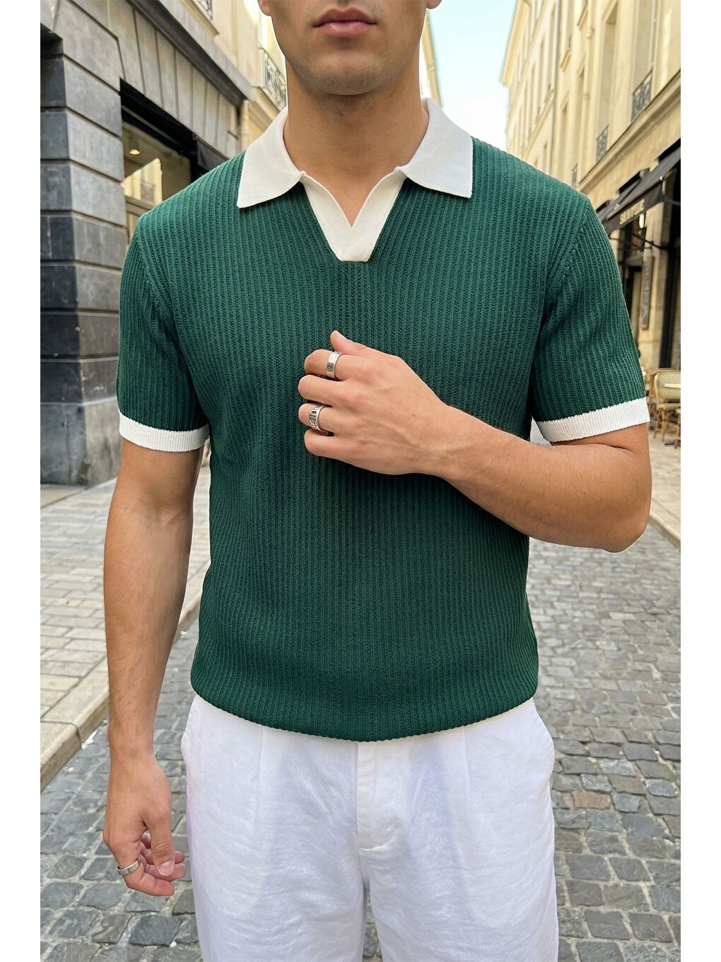 Haki Köyten Regular Fit Erkek Kısa Kol Triko Polo Yaka Tişört Çizgili Dokulu