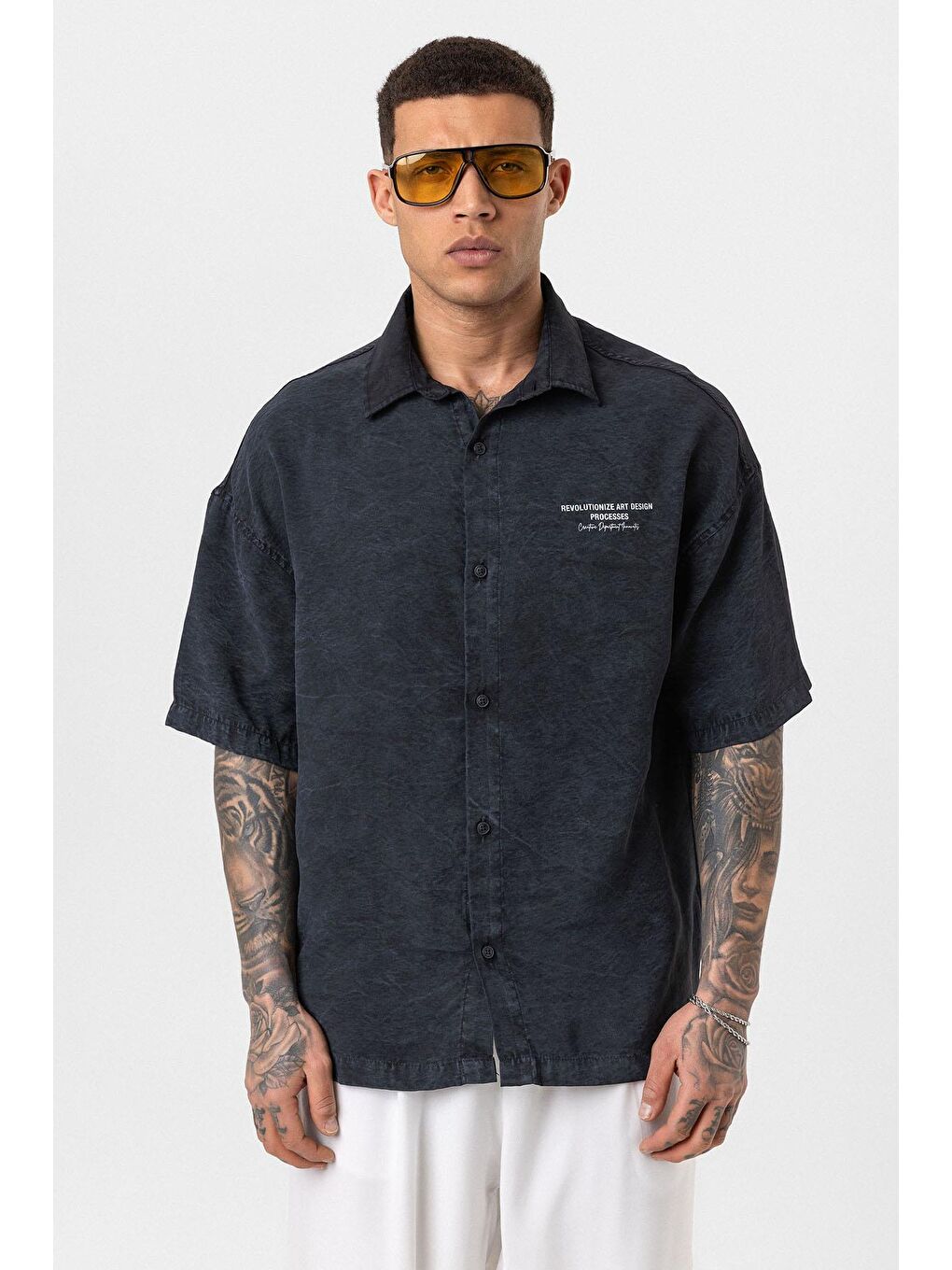 Yıkamalı Oversize Kısa Kol Baskılı Gömlek Siyah-2