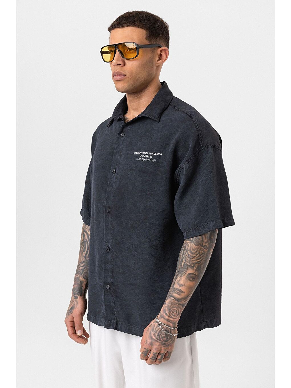 Yıkamalı Oversize Kısa Kol Baskılı Gömlek Siyah-3