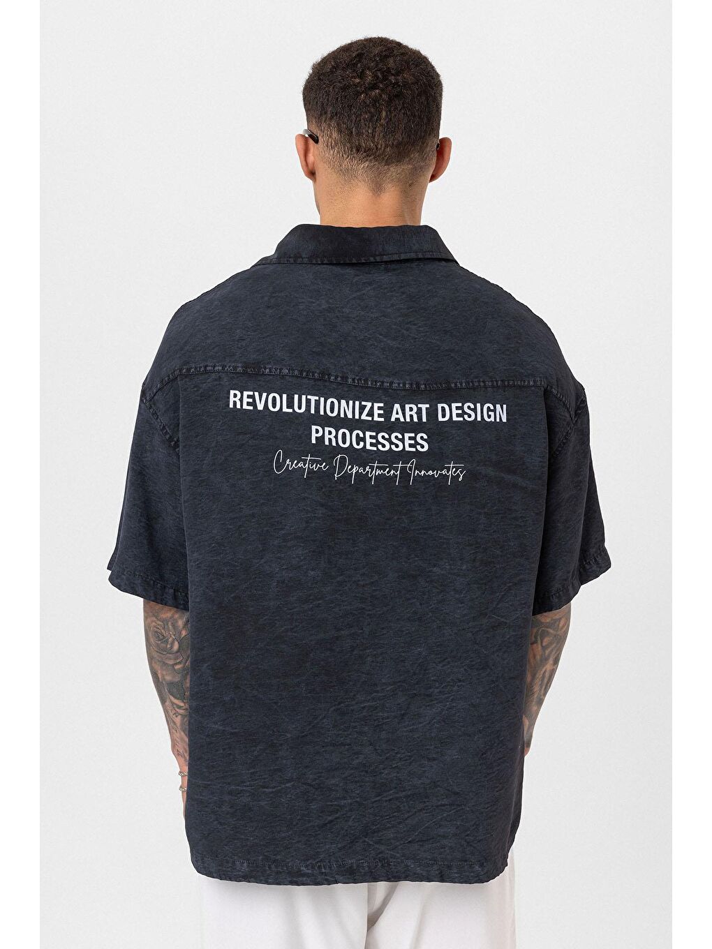 Yıkamalı Oversize Kısa Kol Baskılı Gömlek Siyah-4